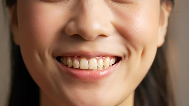 Close up of smiling Asian woman face with teeth, mouth, and dimples for dental health, beauty, and wellness.