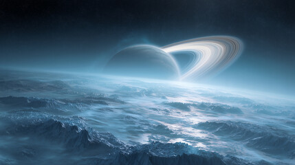 distant alien planet covered in vast frozen oceans and reflective glaciers