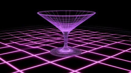 Abstract neon cocktail glass illustration with a purple grid and black background