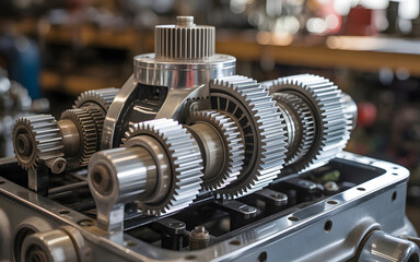 Industrial Gears Close-Up: Intricate engineering marvel featuring a detailed assembly of industrial gears, showcasing the precision and complexity of mechanical components.
