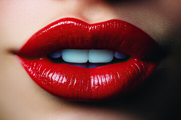 Obraz premium Close-up of shiny, red lips with a bright smile, highlighting beauty and makeup artistry.