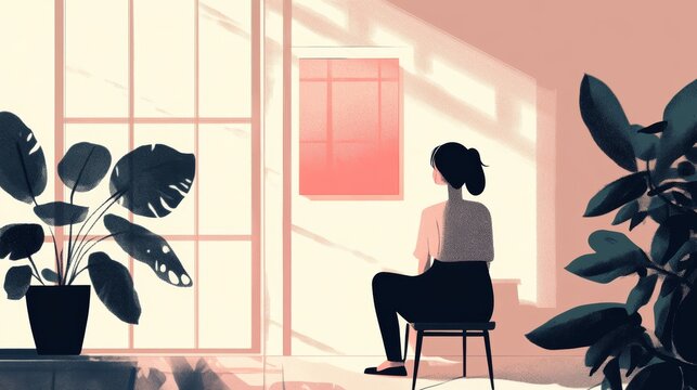 A person sits on a stool in a sunlit room, surrounded by large plants and looking out a window.