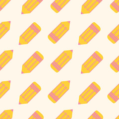 Seamless pattern with yellow pencil and pink outline on beige background.