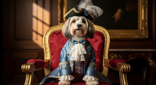 Dog Dressed in Historical Costume, Royal Setting.