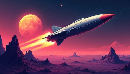 Fototapeta premium Retro spaceship illustration in vintage style. Pink, purple, red colors depict space exploration fantasy with planets, stars. Rocket flies over alien planet landscape with mountains under dramatic