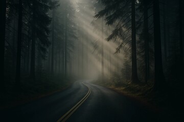 Fototapeta premium Winding road through a dark forest illuminated by sun rays breaking through fog