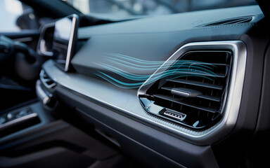 Automobile Interior Design: A detailed view inside a modern automobile's interior reveals the dashboard, air vents and metallic trim, illustrating design and functionality