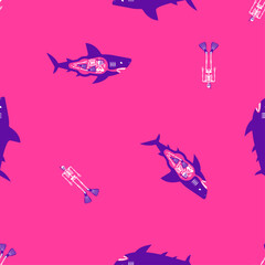 Seamless pink pattern with blue sharks. Vector background for ocean, marine life, predator designs, textiles, wallpapers, and underwater themes.