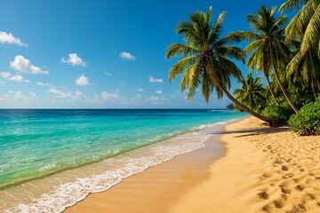 Idyllic tropical beach with palm trees and turquoise water on a sunny day