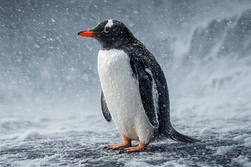 Obraz premium Gentoo penguin standing in the snow during a blizzard in antarctica wildlife scene