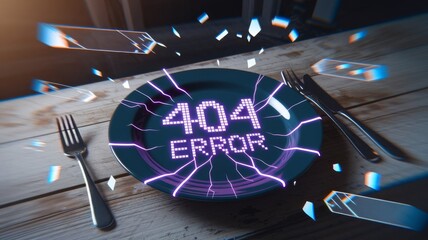 404 Error on Plate with Fork and Knife, Cyberpunk Style