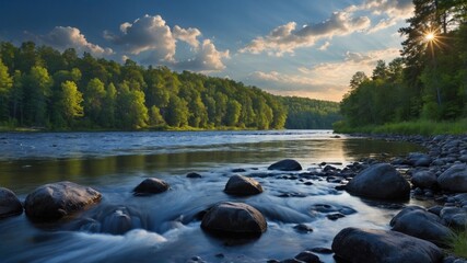 Serene river landscape at sunset with lush green trees reflecting in calm waters, peaceful atmosphere