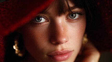 Fototapeta premium Close-up portrait of a young woman with striking blue eyes and a red headscarf in soft, natural light