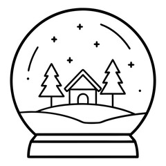Black and white outline illustration of a winter snow globe scene with a house and fir trees drawing