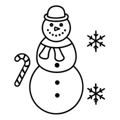 Cheerful Snowman Illustration with Candy Cane and Snowflakes Simple Black and White Winter Holiday Design