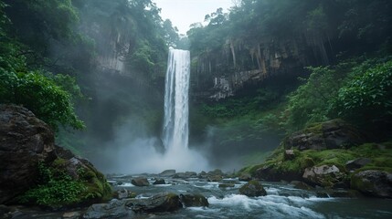 Majestic Waterfall Cascading Through Lush Green Valley