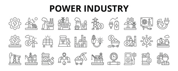 30 Power Industry Line Icons Vector - Power Plant, Generating Station, Power Supply, Coal Power, Fossil Fuel, Oil Barrel, Petrol Tank