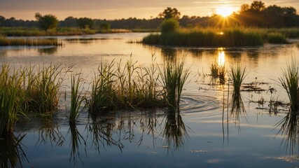 Serene sunset over a tranquil wetland, showcasing tall grasses reflecting in the calm water