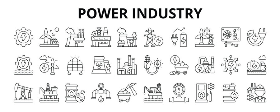 30 Power Industry Line Icons Vector - Power Plant, Generating Station, Power Supply, Coal Power, Fossil Fuel, Oil Barrel, Petrol Tank