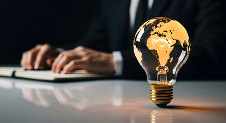 Bright idea globe in lightbulb for global business strategy and solutions with professional leader writing