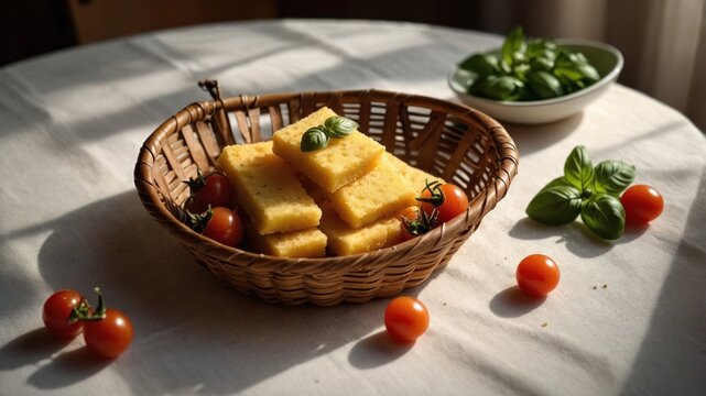 Freshly baked cheese squares arranged in a woven basket surrounded by cherry tomatoes and basil - Powered by Adobe