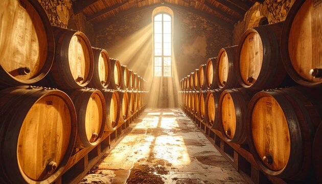 Interior de una bodega tradicional espa&ntilde;ola con filas de barriles de roble, luz c&aacute;lida filtr&aacute;ndose desde una ventana alta, textura del polvo en el aire