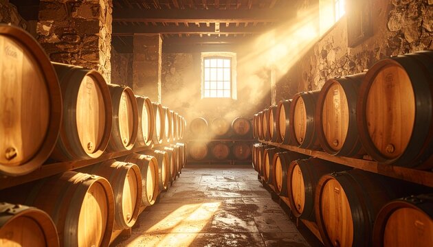 Interior de una bodega tradicional espa&ntilde;ola con filas de barriles de roble, luz c&aacute;lida filtr&aacute;ndose desde una ventana alta, textura del polvo en el aire
