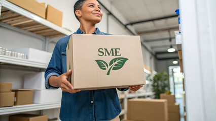 Micro ESG Reporting SMEs A person holds a cardboard box labeled SME with a leaf logo in a warehouse or storage room.