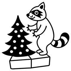 Festive Raccoon with Christmas Tree Illustration for Holiday Season Greetings and Winter Celebrations in Black and White