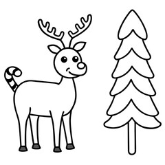 Cartoon Reindeer with Candy Cane Tail and Christmas Tree Illustration Line Art Festive Holiday Season Graphic