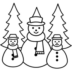 Festive Winter Scene with Snowmen and Christmas Trees Black and White Outline Vector Illustration