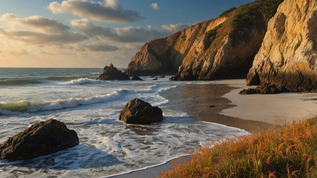 Serene coastal landscape at sunset with gentle waves lapping against rocky shore and vibrant grass
