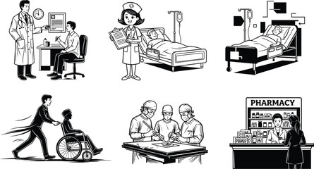 healthcare, hospital, doctor, nurse, patient, surgery, pharmacy, wheelchair, IV, consultation, medicine, vector, black, white, clinical, treatment, reception, monitoring, teamwork, service