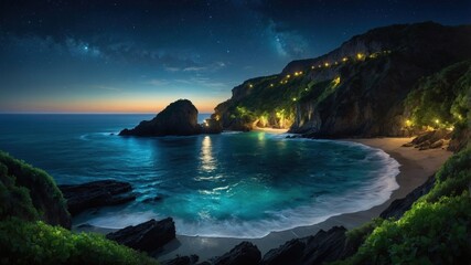 Fototapeta premium Serene coastal view at dusk with gentle waves, illuminated cliffs, and a starry sky backdrop