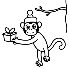 Festive monkey with santa hat holding a gift box in black and white vector illustration cheerful design element