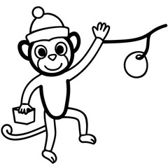 Whimsical Monkey in Santa Hat with Gift and Ornament Black and White Illustration Line Art Style