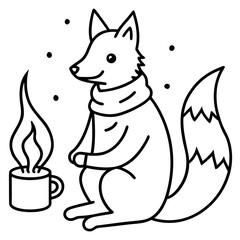 Cute cartoon fox wearing a scarf sitting by a cup of hot beverage creating a warm wintery scene line art illustration