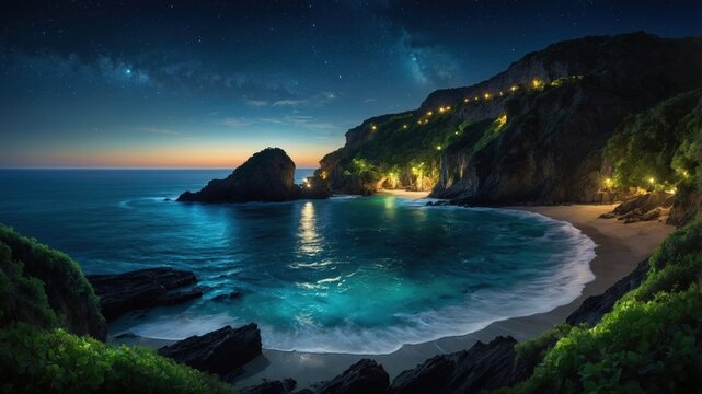 Serene coastal view at dusk with gentle waves, illuminated cliffs, and a starry sky backdrop