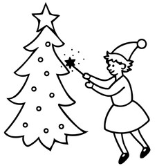 Whimsical Christmas Tree with a Smiling Elf Waving a Magic Wand Illustration for Holiday Designs