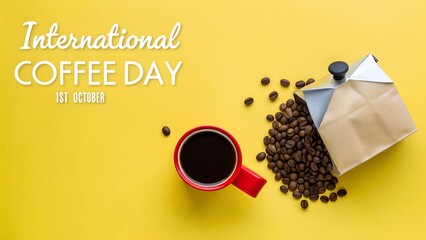 International Coffee Day 1st October Text With Red Cup And Coffee Beans harmony flat