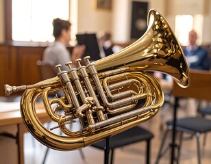 Golden brass instrument in a music room