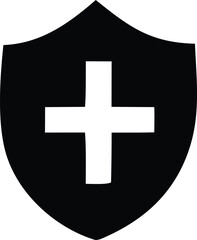 Obraz premium Black shield with white cross symbol representing medical safety security protection and healthcare services concept