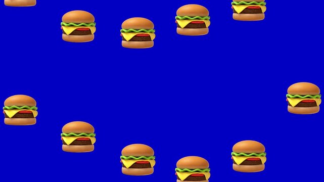 Burgers 3d icons falling animation on chroma key background.