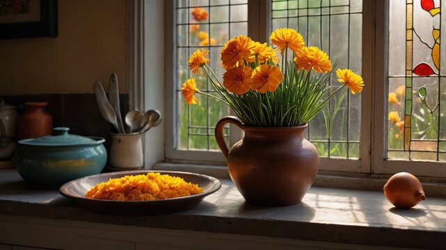 Vibrant yellow flowers in a rustic kitchen window with a bowl of saffron rice and an onion
