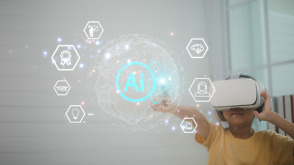 A child wearing VR headset interacting with AI hologram and digital interface. Concept of online learning, future education, innovation, and virtual classroom technology.