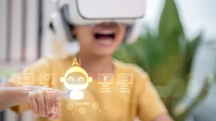 A young child wearing VR headset interacting with AI e-learning interface. Concept of online education, virtual learning, digital classroom, and future technology.