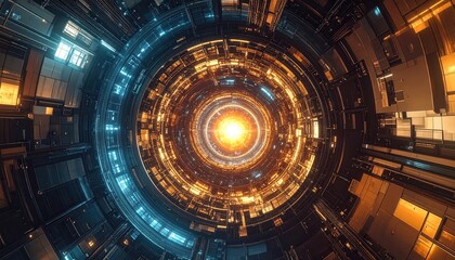 Fototapeta premium A futuristic, circular corridor radiates with vibrant golden and teal light, showcasing intricate technological details and a central luminous core.