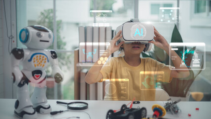 A child wearing VR headset learning with AI hologram and robot assistant. Concept of STEM education, robotics, digital learning, future technology, and smart classroom innovation.