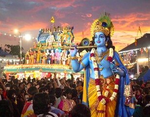 Fototapeta premium Krishna procession at sunset