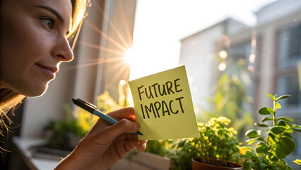 Micro ESG Reporting SMEs Woman holds a "Future Impact" sticky note by a sunny window surrounded by plants.